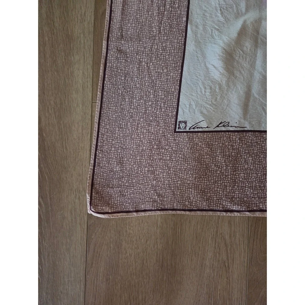 Anne Klein 80s Silk Square Scarf Cream Brown Geometric Grid Border Logo 34